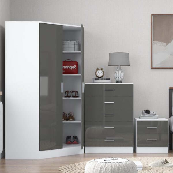 Reflect 2 Door Corner Wardrobe, 5 Drawer Chest, 2 Drawer Bedside - Grey Gloss & Matt White - Bedroom Furniture Set - Image 2