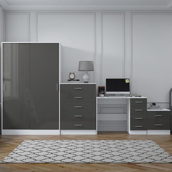 Reflect 2 Door Sliding Wardrobe, 5 Drawer Chest, 2 Drawer Bedside & Desk - Grey Gloss & Matt White - Modern Bedroom Furniture Set - Image 4