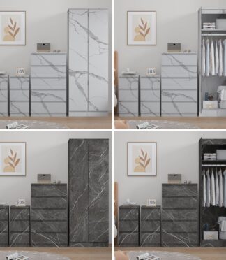 ZITA 3/4pc Bedroom Furniture Sets Wardrobe Chest Bedside - White OR Grey Marble