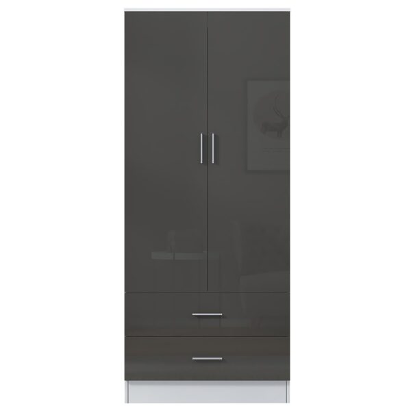 Reflect 2 Door 2 Drawer Combi Plain Wardrobe - Grey Gloss & Matt White - Hanging Rails, Drawers & Shelf - H: 180cm x W: 76cm - Image 7