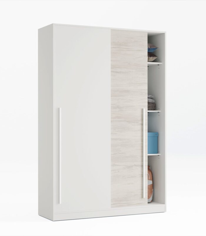 TOP 2 Door Large Modern Sliding Bedroom Wardrobe - White & Light Oak Finish - H: 200cm x W: 120cm x D: 50cm.