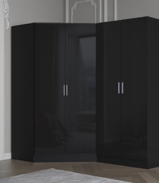 Reflect 2pc Wardrobe Bundle - 2 Door Corner + 2 Door Plain - Black Gloss & Black Oak - H: 180cm x W: 179cm x D: 103cm