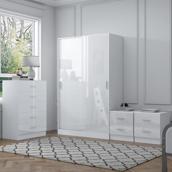 Reflect 2 Door Sliding Wardrobe, 5 Drawer Chest, 2x 2 Drawer Bedsides - White Gloss & Matt White - Modern Bedroom Furniture Set - Image 2
