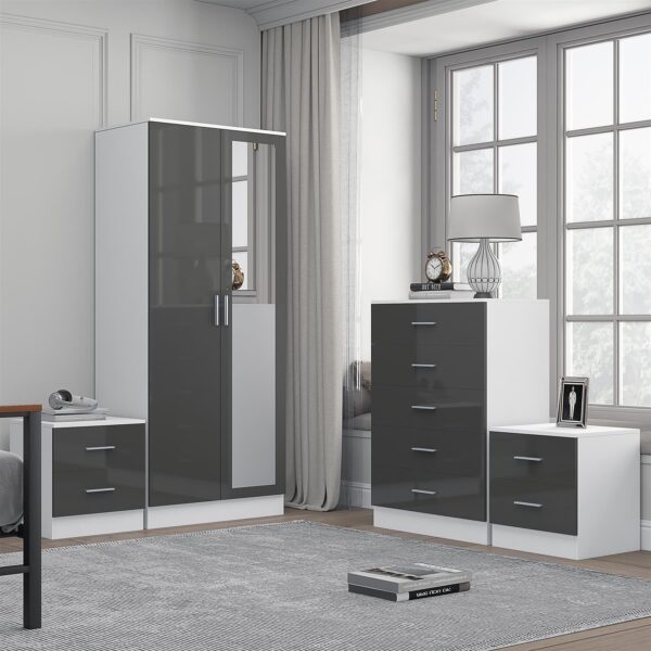 Reflect 2 Door Mirror Wardrobe, 5 Drawer Chest, 2x 2 Drawer Bedsides - Grey Gloss & Matt White - Modern Bedroom Furniture Set