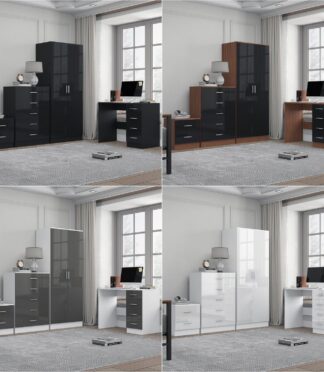 REFLECT Gloss 4pc Bedroom Set - 2 Door Wardrobe + 5 Draw Chest + Bedside + Desk