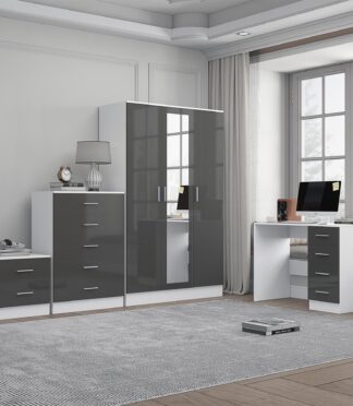 Reflect 3 Door Mirror Wardrobe, 5 Drawer Chest, 2 Drawer Bedside & Desk - Grey Gloss & Matt White - Modern Bedroom Furniture Set