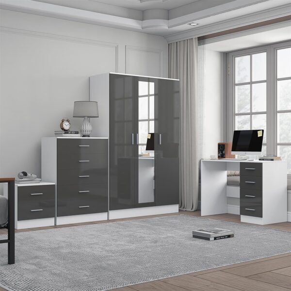 Reflect 3 Door Mirror Wardrobe, 5 Drawer Chest, 2 Drawer Bedside & Desk - Grey Gloss & Matt White - Modern Bedroom Furniture Set