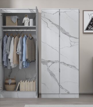 ZITA White Marble Effect 2 Piece Wardrobe Bundle - 2 x 2-Door Wardrobes, (L) 50cm x (W) 76cm x (H) 180cm.