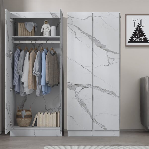 ZITA White Marble Effect 2 Piece Wardrobe Bundle - 2 x 2-Door Wardrobes, (L) 50cm x (W) 76cm x (H) 180cm.