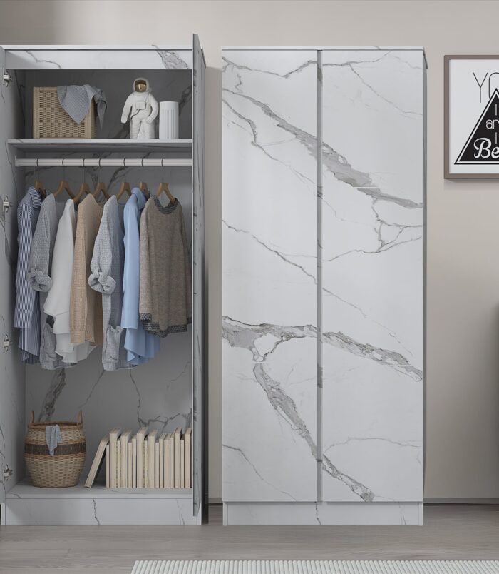 ZITA White Marble Effect 2 Piece Wardrobe Bundle - 2 x 2-Door Wardrobes, (L) 50cm x (W) 76cm x (H) 180cm.