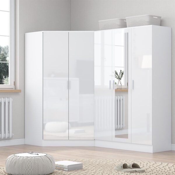 REFLECT Gloss 5 Door Wardrobe Bundle - 2 Door Corner + 3 Door Mirror Bedroom Set - Image 3