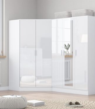 Reflect 2pc Wardrobe Bundle - 2 Door Corner + 3 Door Mirror - White Gloss & Matt White - H: 180cm x W: 179cm x D: 103cm
