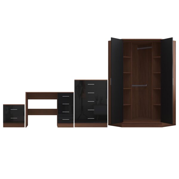 Reflect 2 Door Corner Wardrobe, 5 Drawer Chest, 2 Drawer Bedside & Desk - Black Gloss & Walnut - Bedroom Furniture Set - Image 5