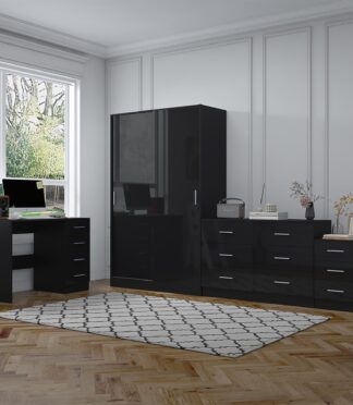 Reflect 2 Door Sliding Wardrobe, 6 Drawer Wide Chest, 3 Drawer Bedside, 4 Drawer Desk - Black Gloss & Black Oak - Modern Bedroom Furniture Set.