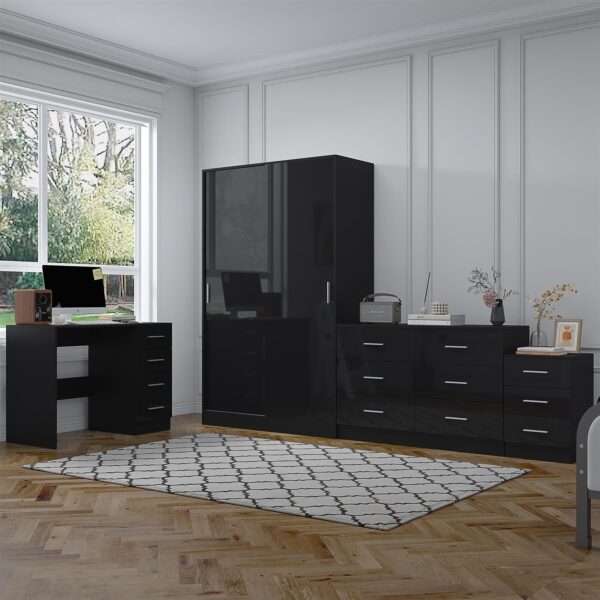 Reflect 2 Door Sliding Wardrobe, 6 Drawer Wide Chest, 3 Drawer Bedside, 4 Drawer Desk - Black Gloss & Black Oak - Modern Bedroom Furniture Set.
