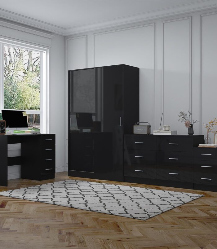 REFLECT Gloss 4pc Set - 2 Door Sliding Wardrobe + Wide Chest + Bedside + Desk.
