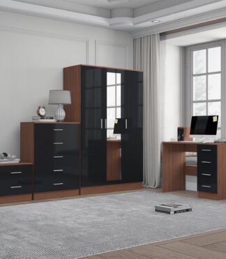 Reflect 3 Door Mirror Wardrobe, 5 Drawer Chest, 2 Drawer Bedside & Desk - Black Gloss & Walnut - Modern Bedroom Furniture Set