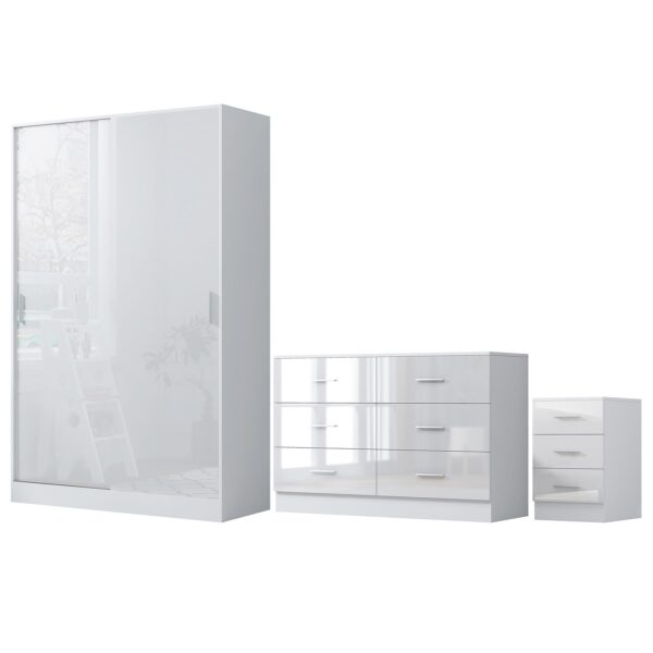 Reflect 2 Door Sliding Wardrobe, 6 Drawer Wide Chest, 3 Drawer Bedside - White Gloss & Matt White - Modern Bedroom Furniture Set - Image 7