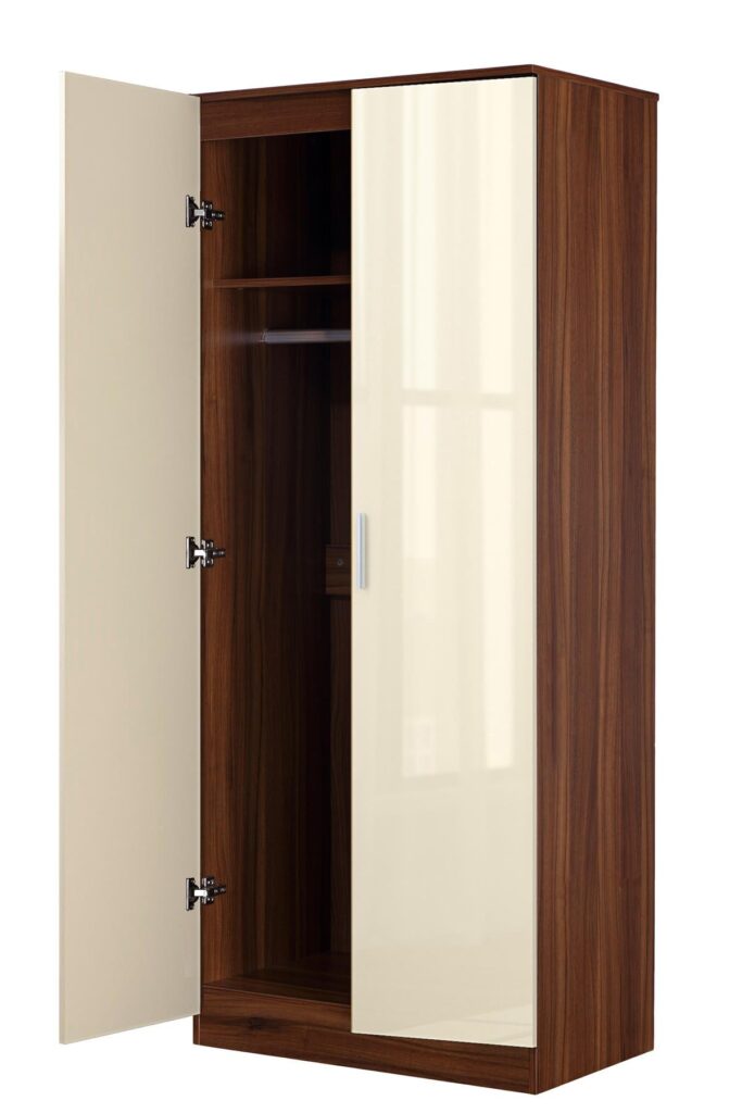 Reflect 2 Door Plain Wardrobe - Cream Gloss & Walnut - Hanging Rails & Shelves - H: 180cm x W: 76cm - Modern Sleek Design - Image 5
