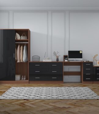 Reflect 2 Door Sliding Wardrobe, 6 Drawer Wide Chest, 3 Drawer Bedside, 4 Drawer Desk - Black Gloss & Walnut - Modern Bedroom Furniture Set.