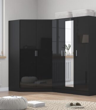 Reflect 2pc Wardrobe Bundle - 2 Door Corner + 3 Door Mirror - Black Gloss & Black Oak - H: 180cm x W: 179cm x D: 103cm