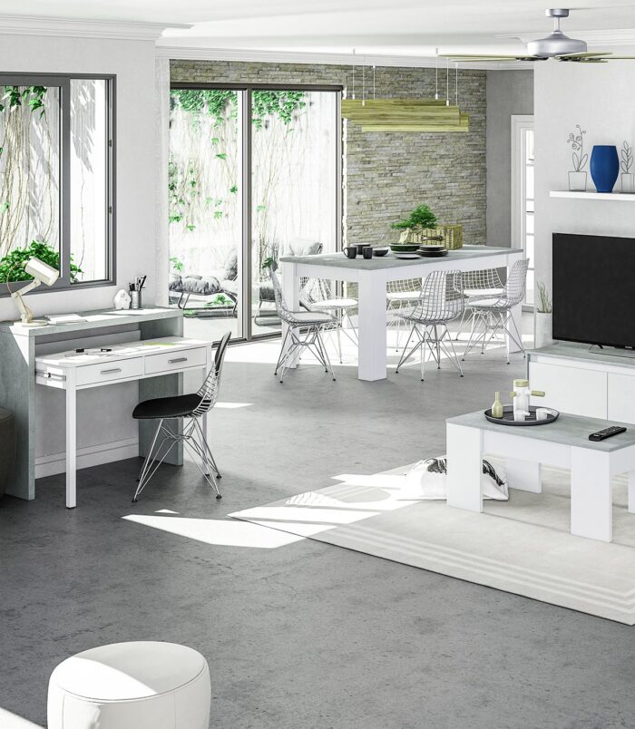 AMBRA Extending Computer Desk with 2 Storage Drawers - Home Office & Console Table for Bedroom, Living Room, Hallway - White/Grey.