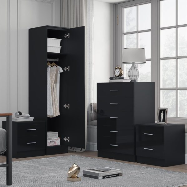 Reflect 1 Door Plain Wardrobe, 5 Drawer Chest, 2x 2 Drawer Bedsides - Black Gloss & Black Oak - Modern Bedroom Furniture Set - Image 2