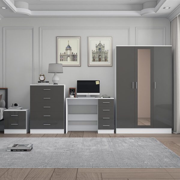 Reflect 3 Door Mirror Wardrobe, 5 Drawer Chest, 2 Drawer Bedside & Desk - Grey Gloss & Matt White - Modern Bedroom Furniture Set - Image 4