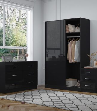 Reflect 2 Door Sliding Wardrobe, 6 Drawer Wide Chest, 3 Drawer Bedside - Black Gloss & Black Oak - Modern Bedroom Furniture Set