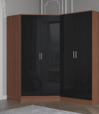 Reflect 2pc Wardrobe Bundle - 2 Door Corner + 2 Door Plain - Black Gloss & Walnut - H: 180cm x W: 179cm x D: 103cm
