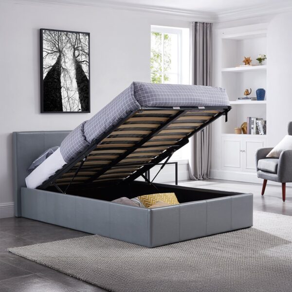 LUNA 4FT6 Double Grey Ottoman Storage Bed with Gas Lift, Faux Leather Fabric - L: 203cm x W: 153cm x H: 88.5cm