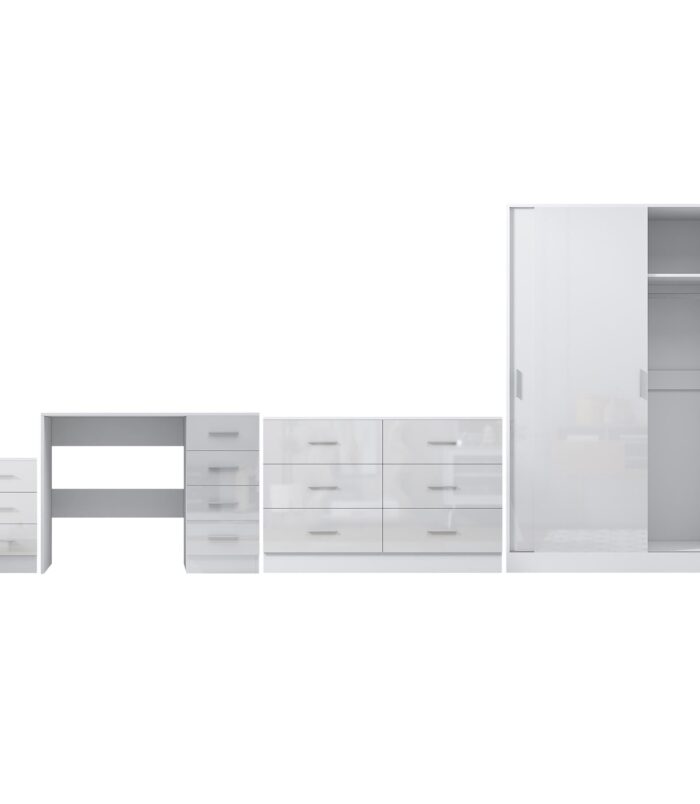 Reflect 2 Door Sliding Wardrobe, 6 Drawer Wide Chest, 3 Drawer Bedside, 4 Drawer Desk - White Gloss & Matt White - Modern Bedroom Furniture Set.