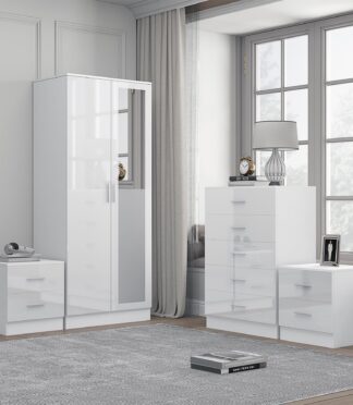 Reflect 2 Door Mirror Wardrobe, 5 Drawer Chest, 2x 2 Drawer Bedsides - White Gloss & Matt White - Modern Bedroom Furniture Set