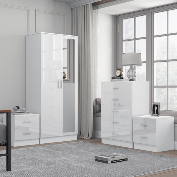 Reflect 2 Door Mirror Wardrobe, 5 Drawer Chest, 2x 2 Drawer Bedsides - White Gloss & Matt White - Modern Bedroom Furniture Set