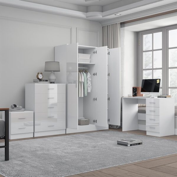 REFLECT Gloss 4pc Set - 3 Door Mirrored Wardrobe + 5 Draw Chest + Bedside + Desk - Image 7