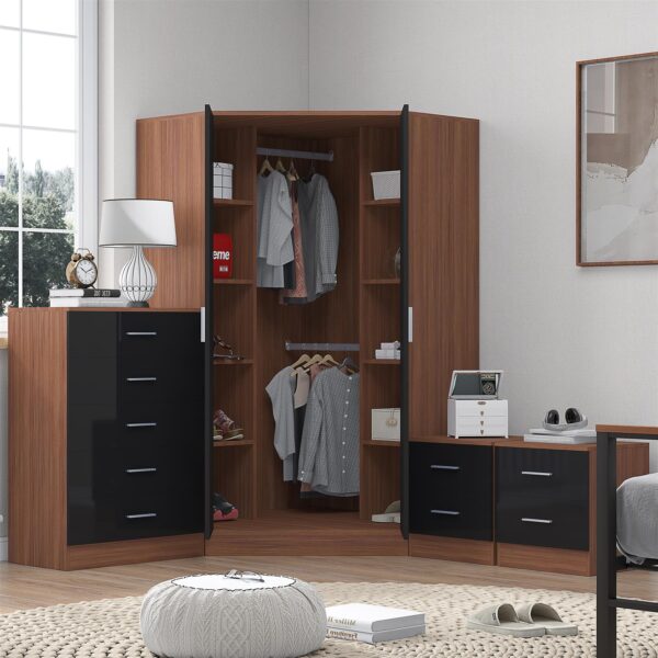 Reflect 2 Door Corner Wardrobe, 5 Drawer Chest, 2x 2 Drawer Bedsides - Black Gloss & Walnut - Bedroom Furniture Set - Image 2