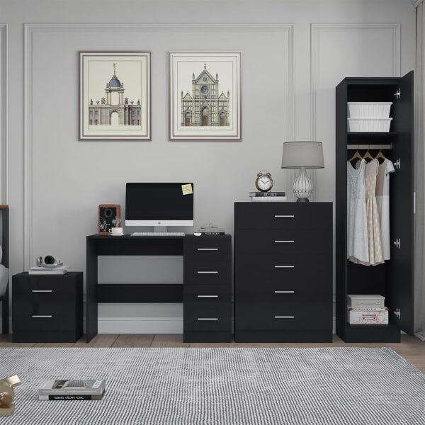 Reflect 1 Door Plain Wardrobe, 5 Drawer Chest, 2 Drawer Bedside & Desk - Black Gloss & Black Oak - Bedroom Furniture Set - Image 3