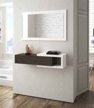 NOON White & Dark Wood Floating Hallway Storage Unit with Drawer and Mirror.