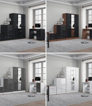 REFLECT Gloss 4pc Set - 3 Door Mirrored Wardrobe + 5 Draw Chest + Bedside + Desk