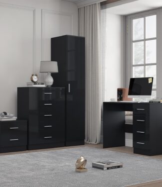 Reflect 1 Door Plain Wardrobe, 5 Drawer Chest, 2 Drawer Bedside & Desk - Black Gloss & Black Oak - Bedroom Furniture Set