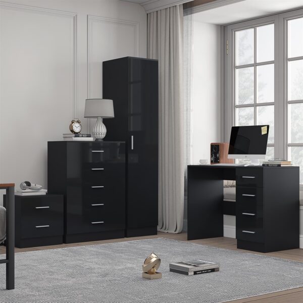 Reflect 1 Door Plain Wardrobe, 5 Drawer Chest, 2 Drawer Bedside & Desk - Black Gloss & Black Oak - Bedroom Furniture Set