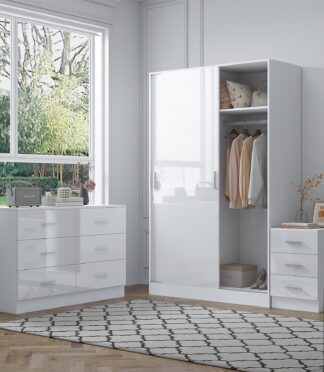 Reflect 2 Door Sliding Wardrobe, 6 Drawer Wide Chest, 3 Drawer Bedside - White Gloss & Matt White - Modern Bedroom Furniture Set