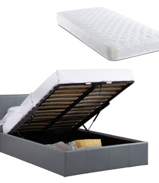 LUNA 3FT Single Grey Ottoman Storage Bed with Gas Lift & 17cm Spring Mattress - Faux Leather - L: 203cm x W: 108cm x H: 88.5cm