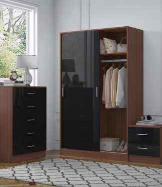 Reflect 2 Door Sliding Wardrobe, 5 Drawer Chest, 2 Drawer Bedside - Black Gloss & Walnut - Modern Bedroom Furniture Set