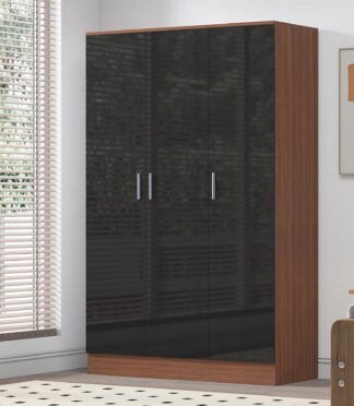 Reflect 3 Door Plain Wardrobe - Black Gloss & Walnut -Hanging Rail & 4 Shelves - H: 180cm x W: 113cm x D: 47cm - Modern Design