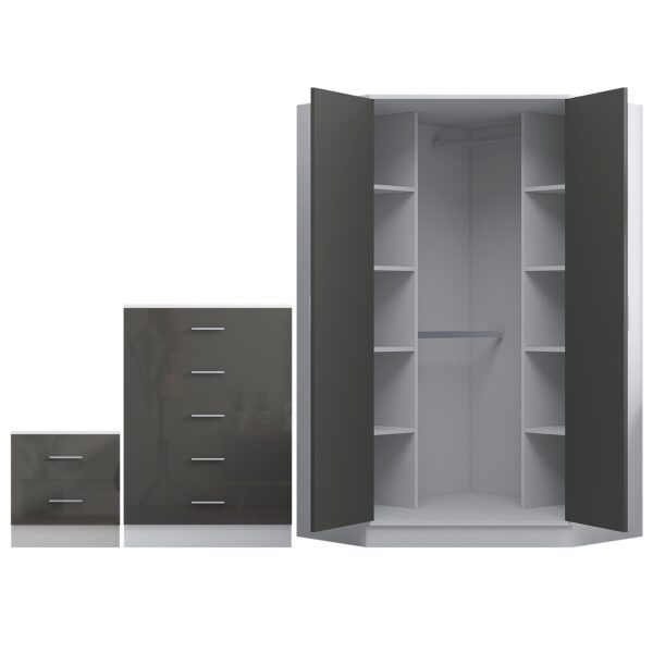 Reflect 2 Door Corner Wardrobe, 5 Drawer Chest, 2 Drawer Bedside - Grey Gloss & Matt White - Bedroom Furniture Set - Image 6