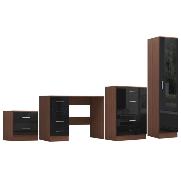 Reflect 1 Door Plain Wardrobe, 5 Drawer Chest, 2 Drawer Bedside & Desk - Black Gloss & Walnut - Bedroom Furniture Set - Image 4