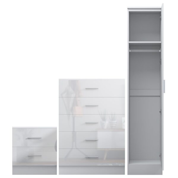Reflect 1 Door Plain Wardrobe, 5 Drawer Chest, 2 Drawer Bedside - White Gloss & Matt White - Bedroom Furniture Set - Image 6