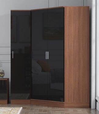 Reflect 2pc Wardrobe Bundle - 2 Door Corner + 1 Door Plain - Black Gloss & Walnut - H: 180cm x W: 179cm x D: 103cm