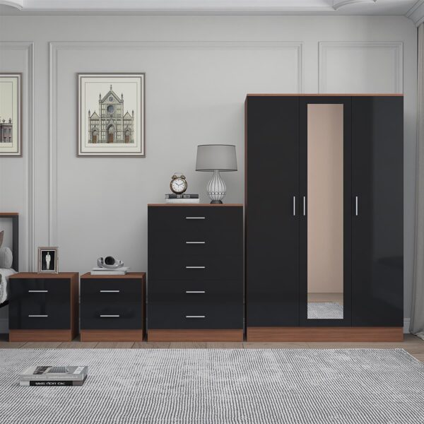 REFLECT Gloss 4pc Set - 3 Door Mirrored Wardrobe + 5 Draw Chest + 2 Bedsides - Image 17